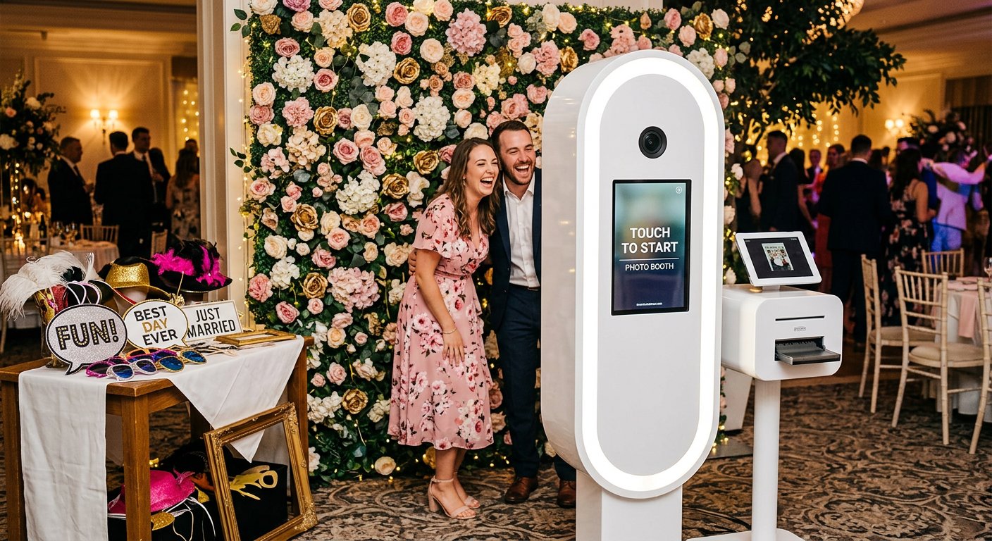 Oval mirror photo booth with floral backdrop at a wedding